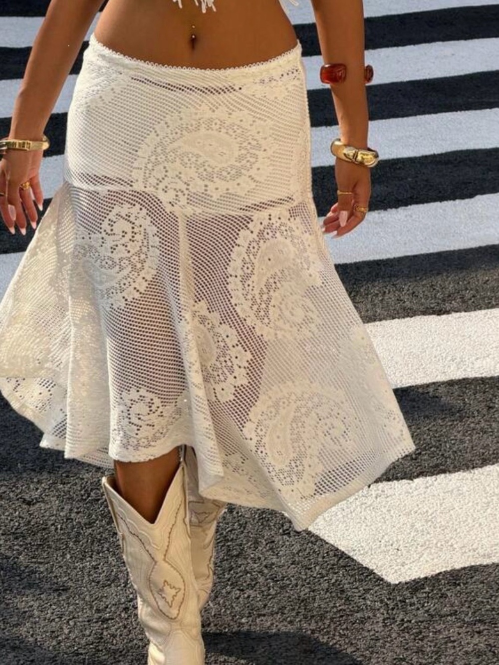 Cream Crochet Midi Skirt - Women's Flared Beach Skirt